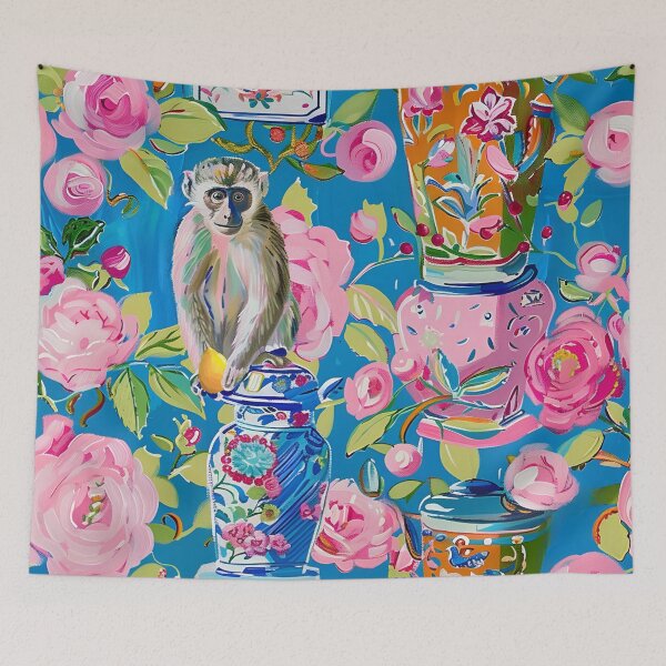 Item preview, Preppy Chinoiserie monkey, pink peonies and ginger jars on blue designed and sold by SophieClimaArt.