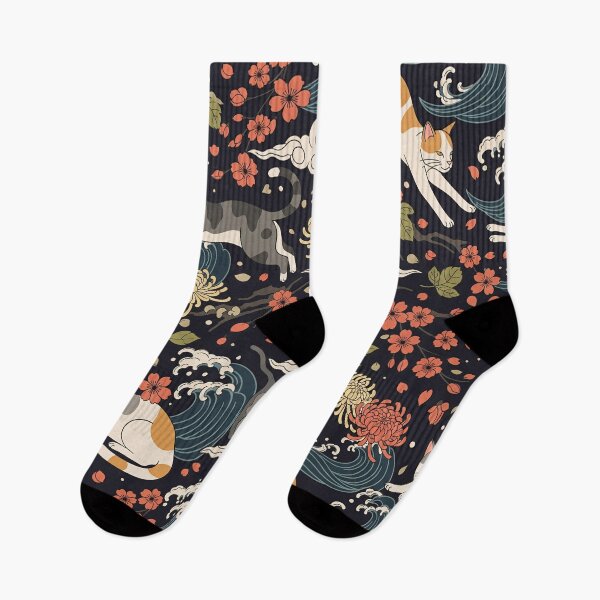 Item preview, Japanese Cats Waves Floral Pattern designed and sold by tretyakov.
