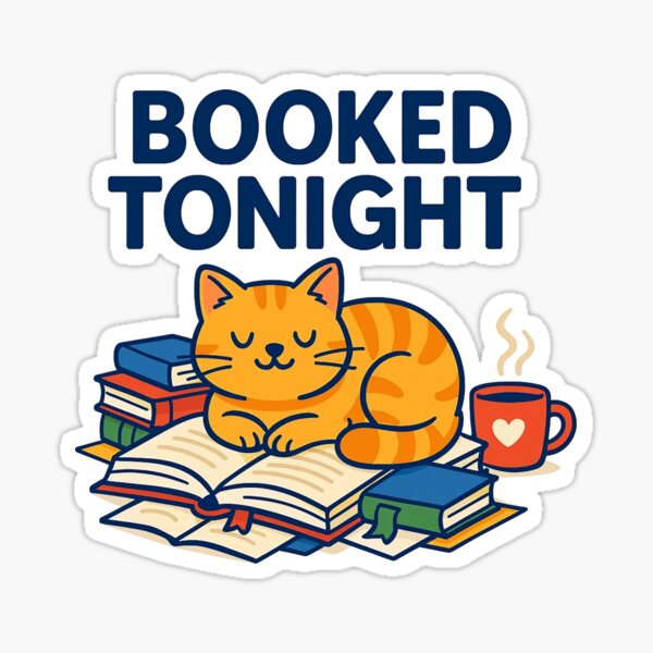 Booked Tonight – Cat on Books in Cozy Reading Mood Sticker