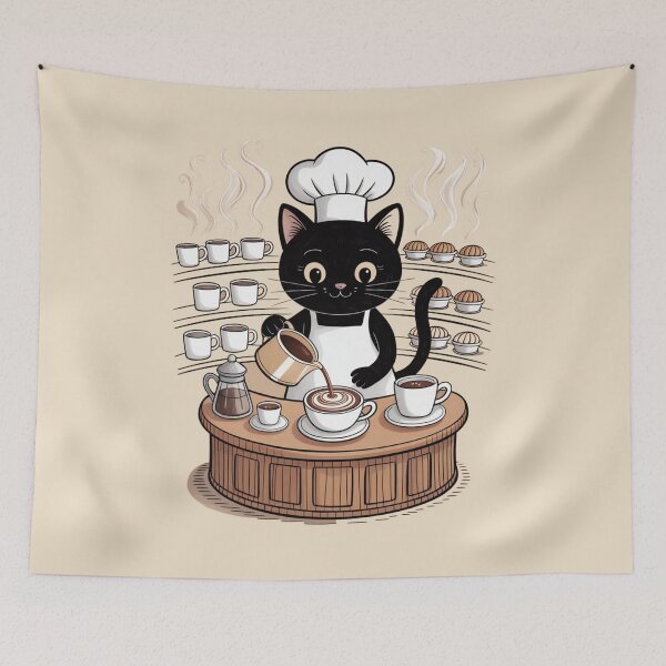 Item preview, Black Cat Barista – Cute Coffee Shop Doodle Art designed and sold by jubileejungle.