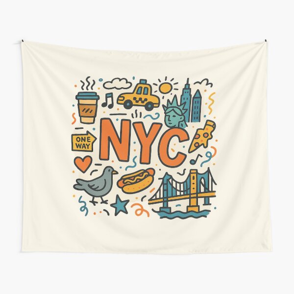 Artikel-Vorschau von NYC Doodle Collage – Niedliche und farbenfrohe New Yorker Stadtsymbole, designt und verkauft von GirlyPopped.