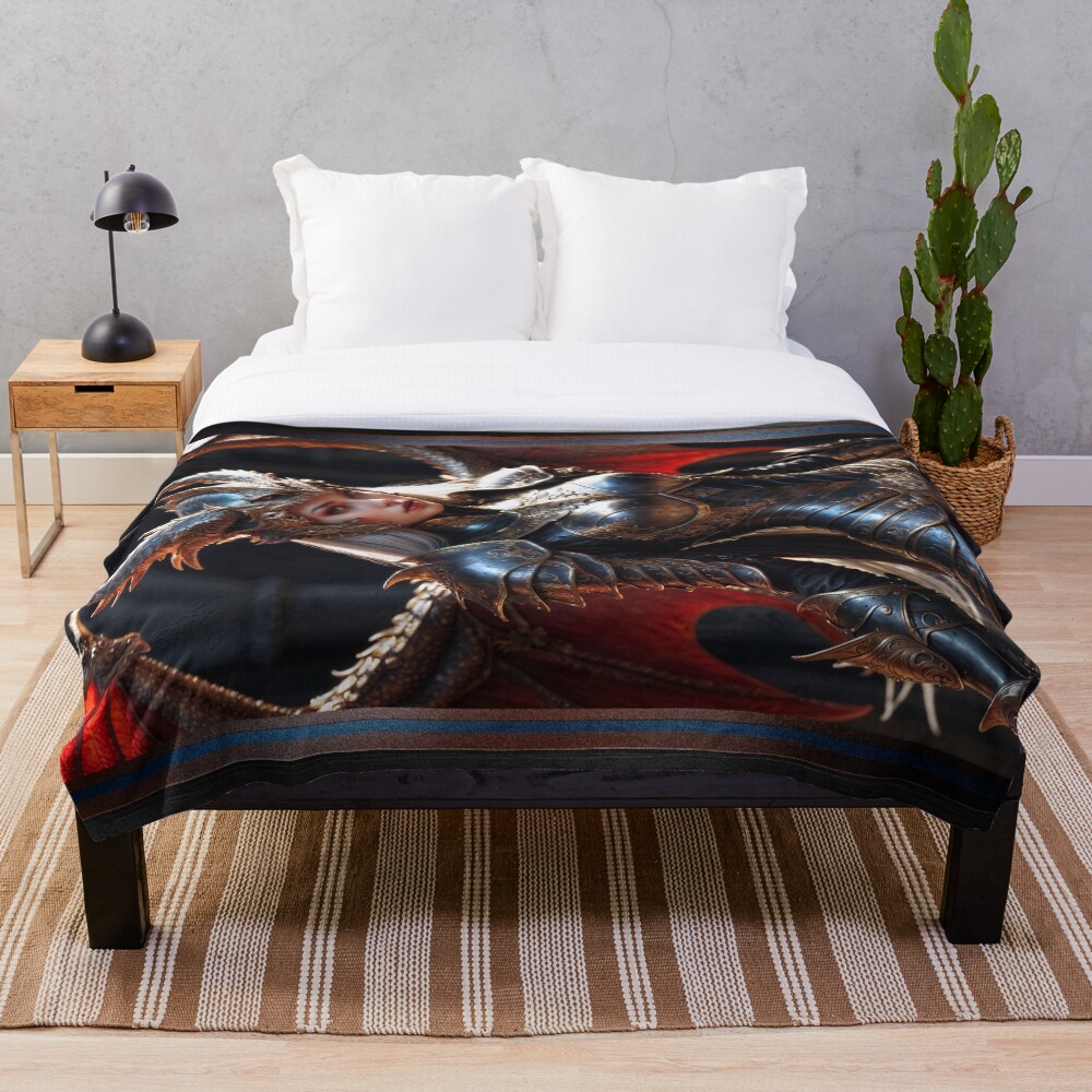 Dragon Wing Portrait Of The Serene Beauty, Aeravyn Lyraeth Captivating AI Concept Art by Xzendor7 Decorative Art Print Throw Blanket