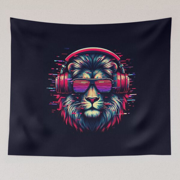 Item preview, A Cool Lion with Gamer glasses & headphones, in glitch effect! designed and sold by sks-ai-artist.