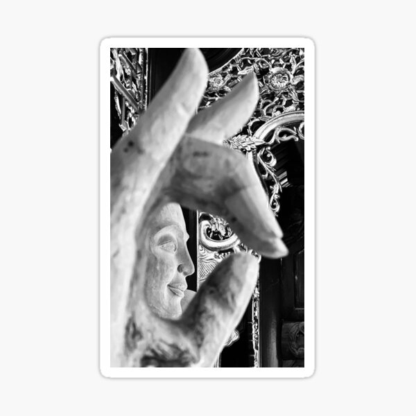 Buddha Face Framed by Hand - Black and White Photograph Sticker