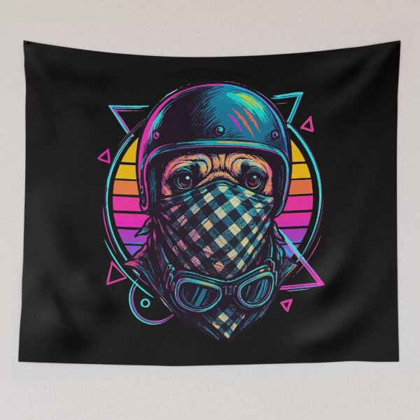 Item preview, Biker Bandit Pug Dog Helmet Retro designed and sold by TomFrontierArt.