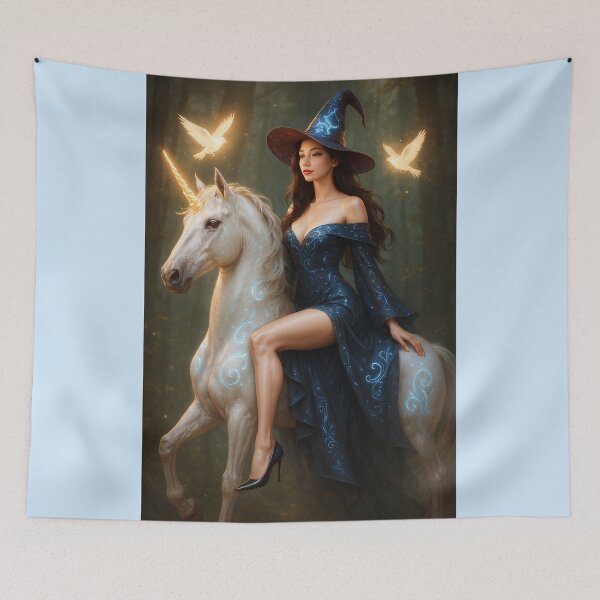 Item preview, Mystical Sorceress Riding a Unicorn in Enchanted Forest - Sorceress Fantasy Collection (2/10) designed and sold by RinWinArts.
