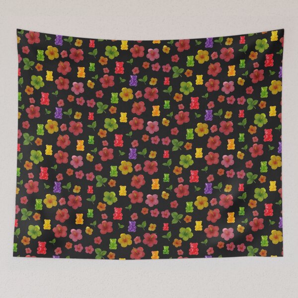 Item preview, Cute gummy bears and little flowers on a black background designed and sold by HandmadeMood.