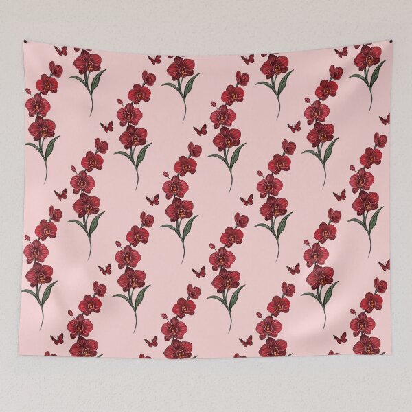 Item preview, Red Orchid Flower branch illustration with red butterfly designed and sold by Scarlet Swan.