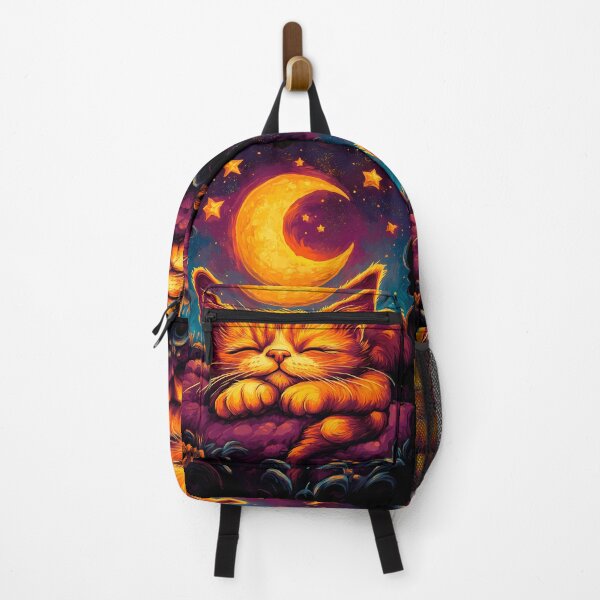 Item preview, Anime Girl Fiery Orange Kitten Curled Beneath Crescent Moon and Stars designed and sold by mildaclairmo.