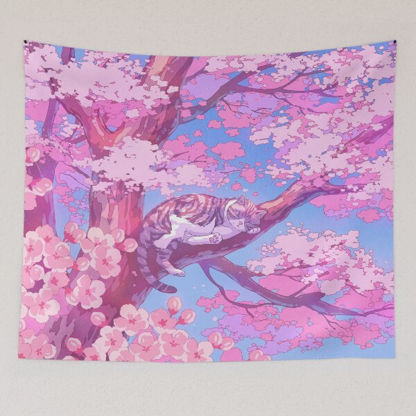 Item preview, Cute Sleeping Cat in a Cherry Blossom Tree designed and sold by AnGoArt.