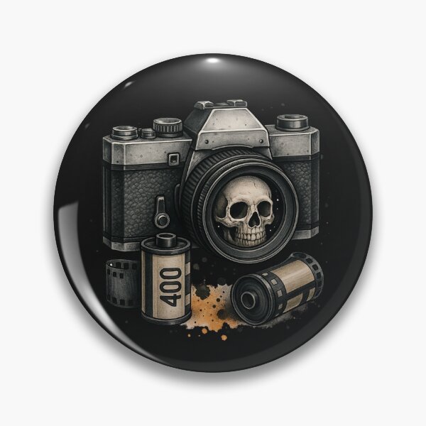 Item preview, Skull in Vintage Camera Lens with Film Rolls – Retro Gothic Photography Art designed and sold by ColorSplash123.