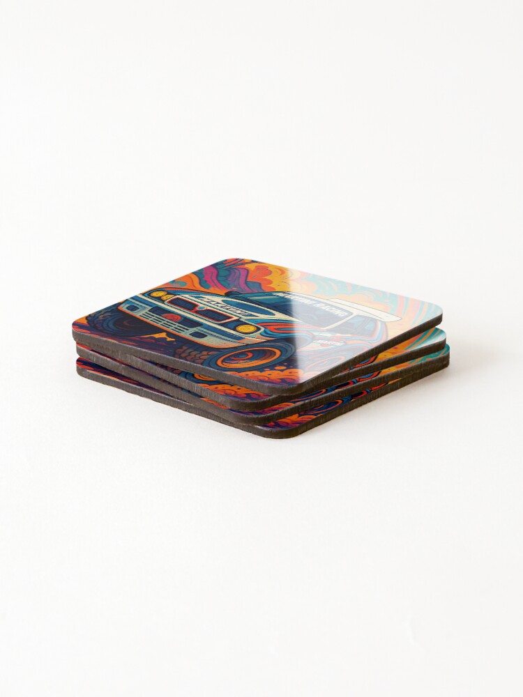 Thumbnail 4 of 5, Coasters (Set of 4), Legendary Rally Car Racing Through Psychedelic Colorful Abstract Landscape designed and sold by RevUpDesign.
