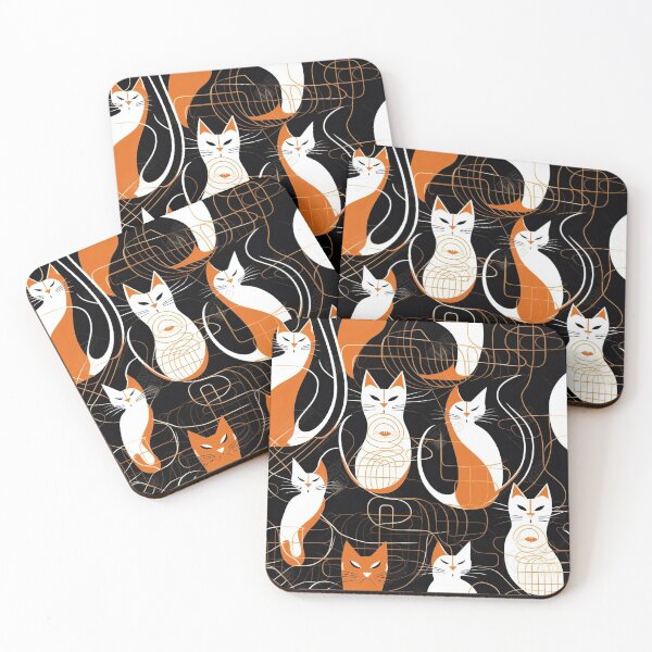 Item preview, Retro Abstract Orange and White Cats on Black Pattern designed and sold by PaintbrushPlace.