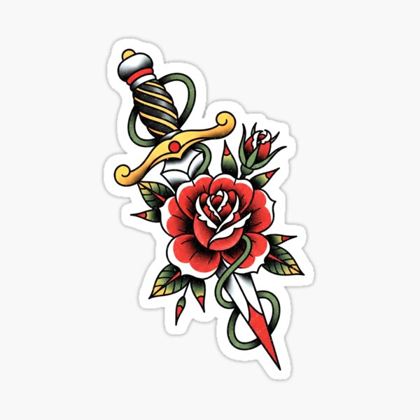 Item preview, Traditional dagger and rose tattoo sticker designed and sold by P1yu5h.