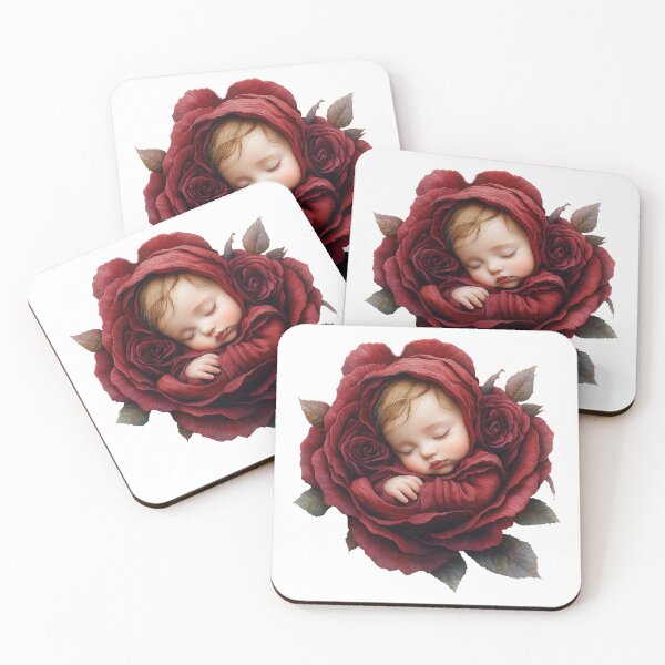 Item preview, Sleeping Baby in Deep Red Rose Wrap | Romantic Botanical Fantasy Nursery Art designed and sold by Art of Ngu.