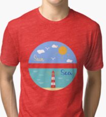 Sun, clouds, sea, beach, lighthouse. Tri-blend T-Shirt