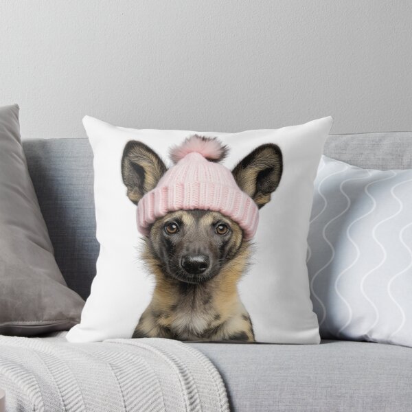 Item preview, Cozy African wild dog Wearing Pink Winter Hat Trendy Animal Fashion Artwork designed and sold by LazyOwlStore.