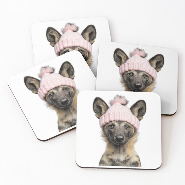 Item preview, Cozy African wild dog Wearing Pink Winter Hat Trendy Animal Fashion Artwork designed and sold by LazyOwlStore.