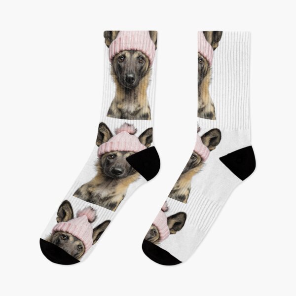 Item preview, Cozy African wild dog Wearing Pink Winter Hat Trendy Animal Fashion Artwork designed and sold by LazyOwlStore.