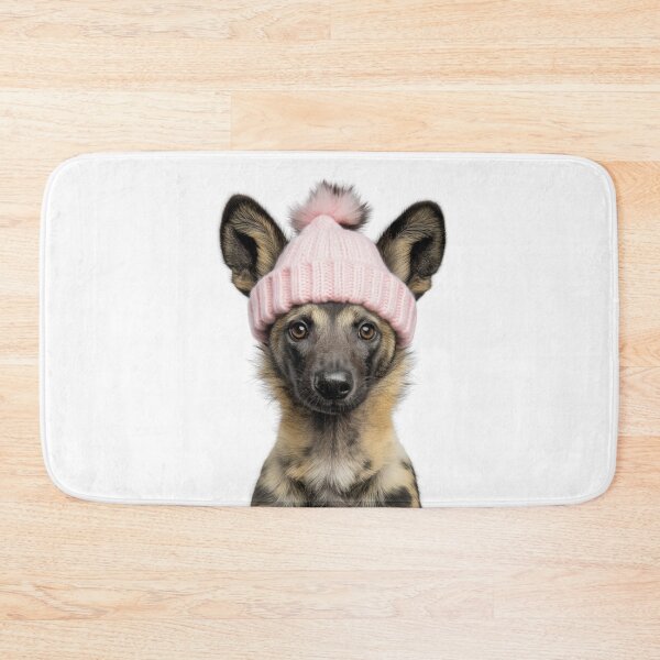 Item preview, Cozy African wild dog Wearing Pink Winter Hat Trendy Animal Fashion Artwork designed and sold by LazyOwlStore.
