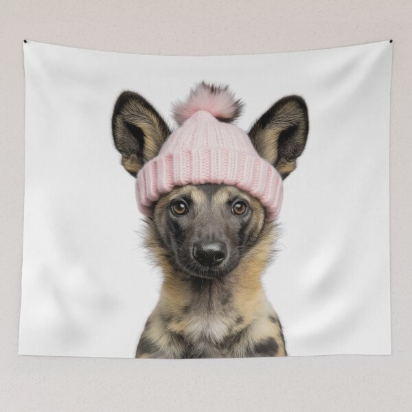 Item preview, Cozy African wild dog Wearing Pink Winter Hat Trendy Animal Fashion Artwork designed and sold by LazyOwlStore.