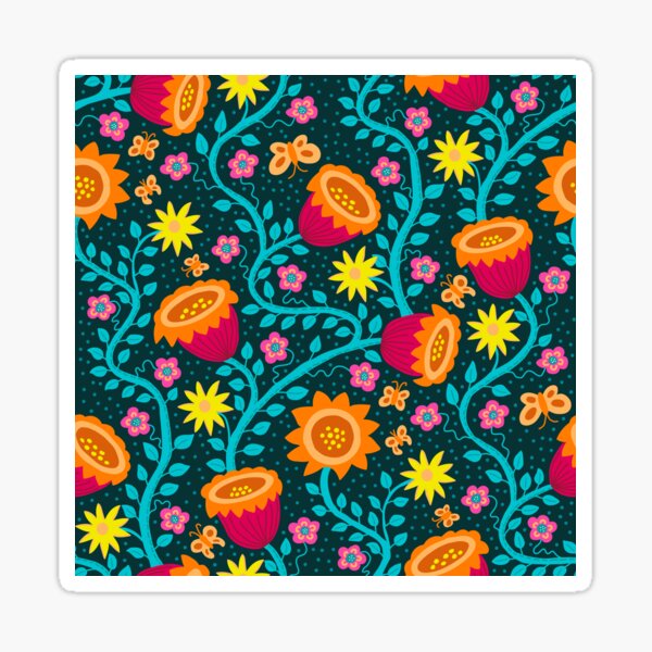 Artikel-Vorschau von Verspielte Fantasieblumen mit Schmetterlingen in Rot, Orange und Türkis, designt und verkauft von colorofmagic.