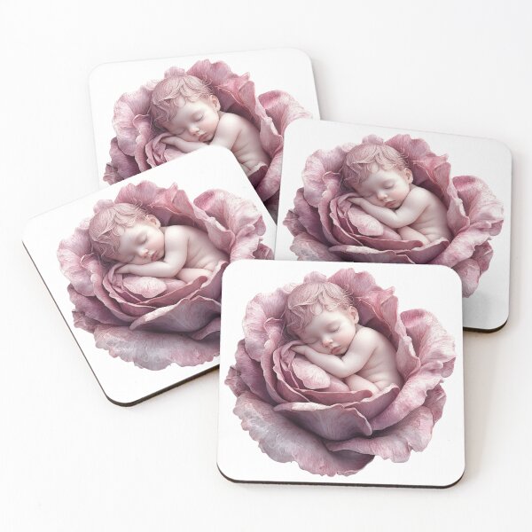 Item preview, Curled Sleeping Baby in Pink Rose | Romantic Floral Fantasy Nursery Art designed and sold by Art of Ngu.