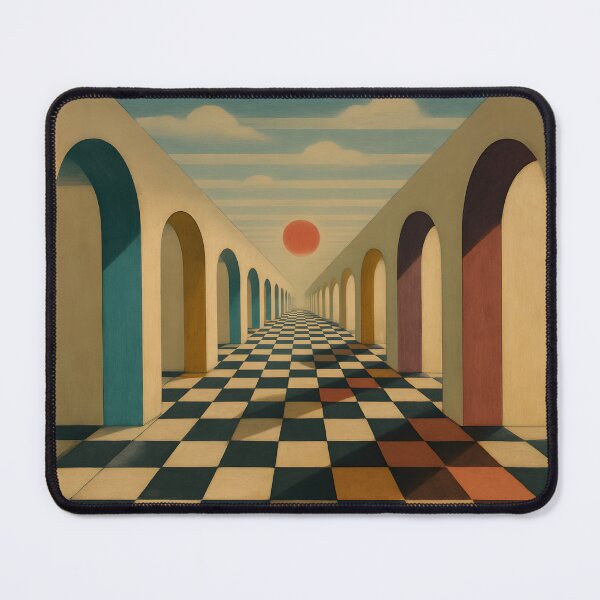 Item preview, Surreal Corridor Optical Illusion Art – Retro Geometric Architecture Print with Sunset Perspective designed and sold by AbstractAuraArt.