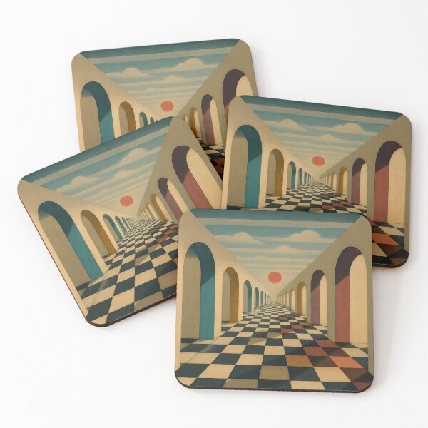 Item preview, Surreal Corridor Optical Illusion Art – Retro Geometric Architecture Print with Sunset Perspective designed and sold by AbstractAuraArt.