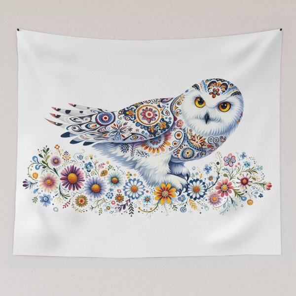 Artikelvorschau, Skandinavische Volkskunst blau und gold Schneeeule von heidiannemorris © entworfen und verkauft von FOLK ART FUSION by heidiannemorris.