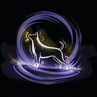 A luminous dog on a purple platform