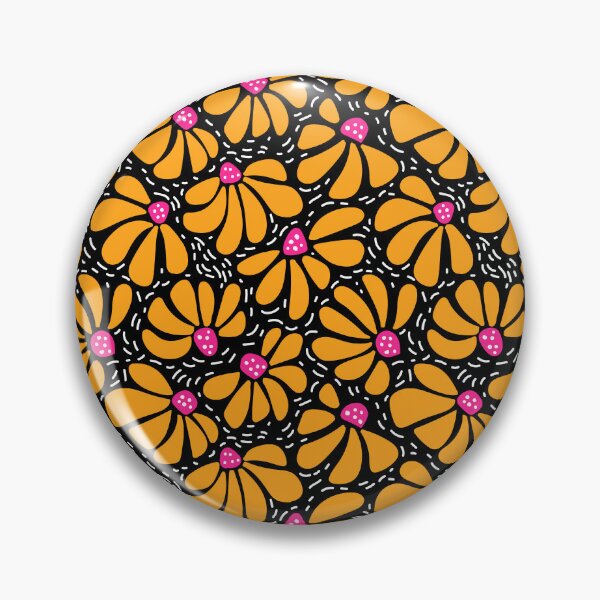 Item preview, happy sunny  vibrant modern funky wiggly coneflower blooms in pink yellow on black designed and sold by artgeige.