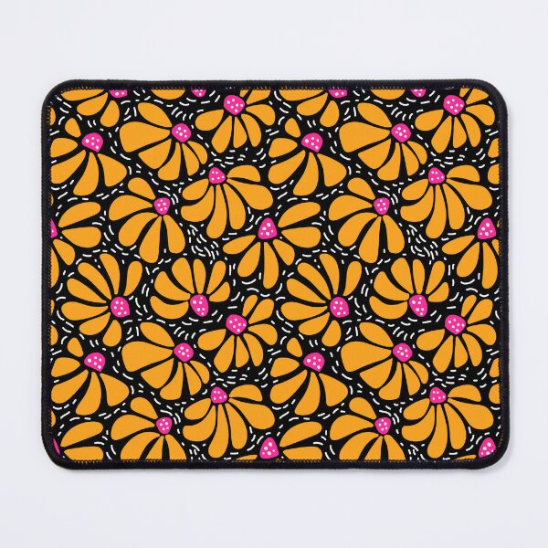 Item preview, happy sunny vibrant modern funky wiggly coneflower blooms in pink yellow on black designed and sold by artgeige.
