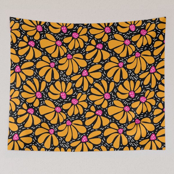 Item preview, happy sunny  vibrant modern funky wiggly coneflower blooms in pink yellow on black designed and sold by artgeige.