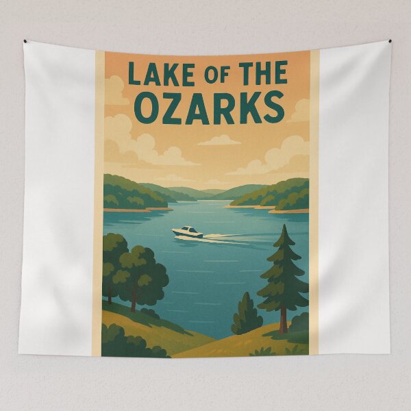 Item preview, Lake of the Ozarks with Speedboat and Tree-Lined Hills designed and sold by Places On Earth.