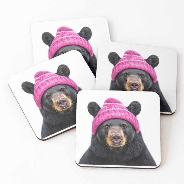 Item preview, Cozy American Black Bear Wearing Pink Winter Hat Trendy Animal Fashion Artwork designed and sold by LazyOwlStore.