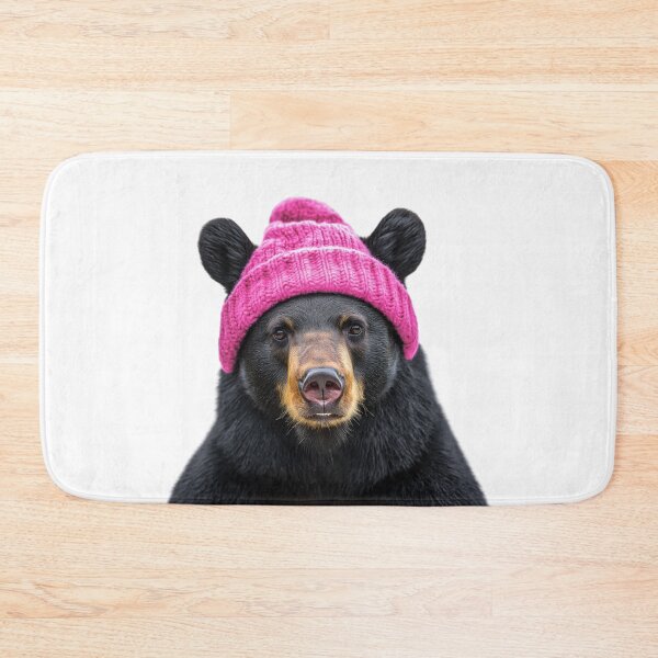 Item preview, Cozy American Black Bear Wearing Pink Winter Hat Trendy Animal Fashion Artwork designed and sold by LazyOwlStore.