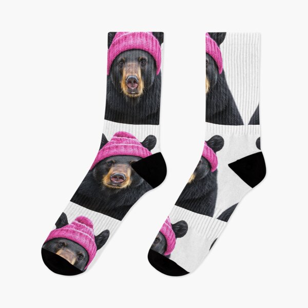 Item preview, Acogedor oso negro americano con gorro de invierno rosa, obra de arte de moda animal de moda designed and sold by LazyOwlStore.