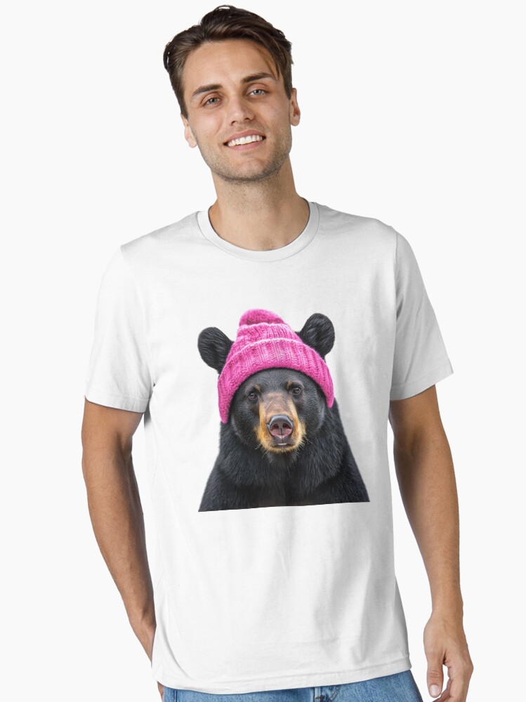 Cozy American Black Bear Wearing Pink Winter Hat Trendy Animal