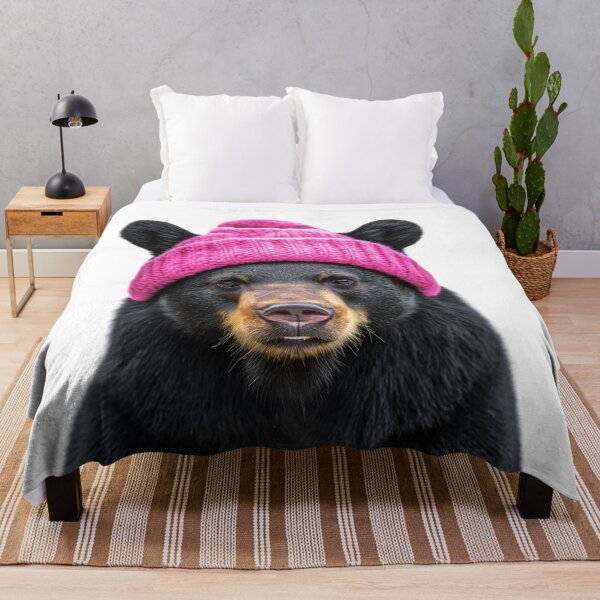 Item preview, Cozy American Black Bear Wearing Pink Winter Hat Trendy Animal Fashion Artwork designed and sold by LazyOwlStore.