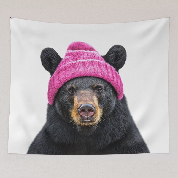 Item preview, Cozy American Black Bear Wearing Pink Winter Hat Trendy Animal Fashion Artwork designed and sold by LazyOwlStore.