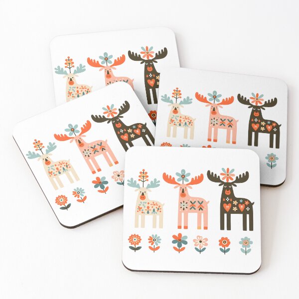 Item preview, Three Scandinavian Moose - Colourful Patterned Floral Festive - Scandinavian Folk Art by heidiannemorris © designed and sold by FOLK ART FUSION by heidiannemorris.