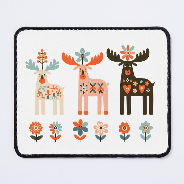 Item preview, Three Scandinavian Moose - Colourful Patterned Floral Festive - Scandinavian Folk Art by heidiannemorris © designed and sold by FOLK ART FUSION by heidiannemorris.