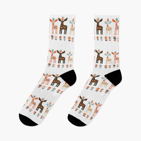 Item preview, Three Scandinavian Moose - Colourful Patterned Floral Festive - Scandinavian Folk Art by heidiannemorris © designed and sold by FOLK ART FUSION by heidiannemorris.