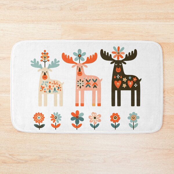 Item preview, Three Scandinavian Moose - Colourful Patterned Floral Festive - Scandinavian Folk Art by heidiannemorris © designed and sold by FOLK ART FUSION by heidiannemorris.
