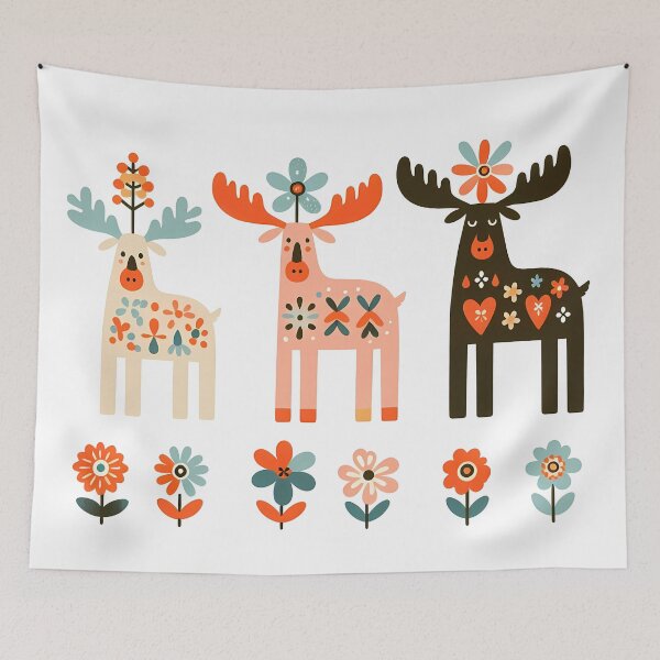 Item preview, Three Scandinavian Moose - Colourful Patterned Floral Festive - Scandinavian Folk Art by heidiannemorris © designed and sold by FOLK ART FUSION by heidiannemorris.