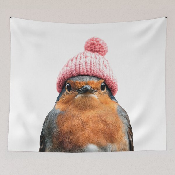 Item preview, Cozy American Robin Wearing Pink Winter Hat Trendy Animal Fashion Artwork designed and sold by LazyOwlStore.