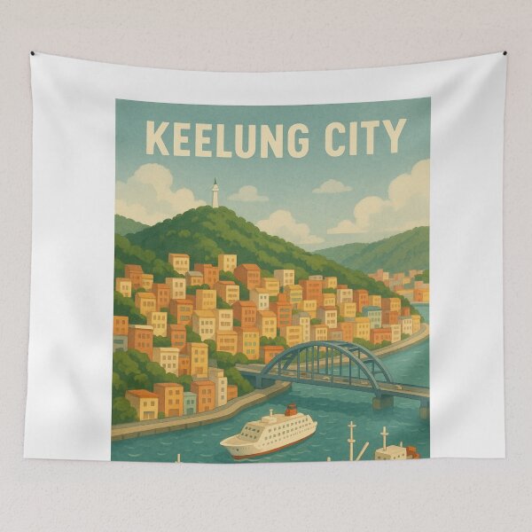 Item preview, Keelung Harbor Scene with Ships and Hillside Homes designed and sold by Aryabek.