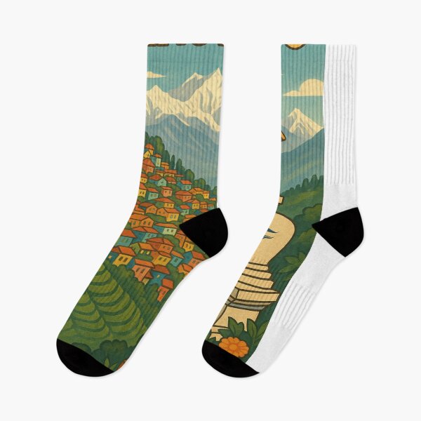 Item preview, Darjeeling Stupa and Himalayan View with Colorful Homes designed and sold by Aryabek.