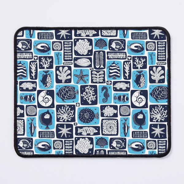 Item preview, undersea underwater world with with fish corals in aqua blue and navy blue blocks designed and sold by artgeige.